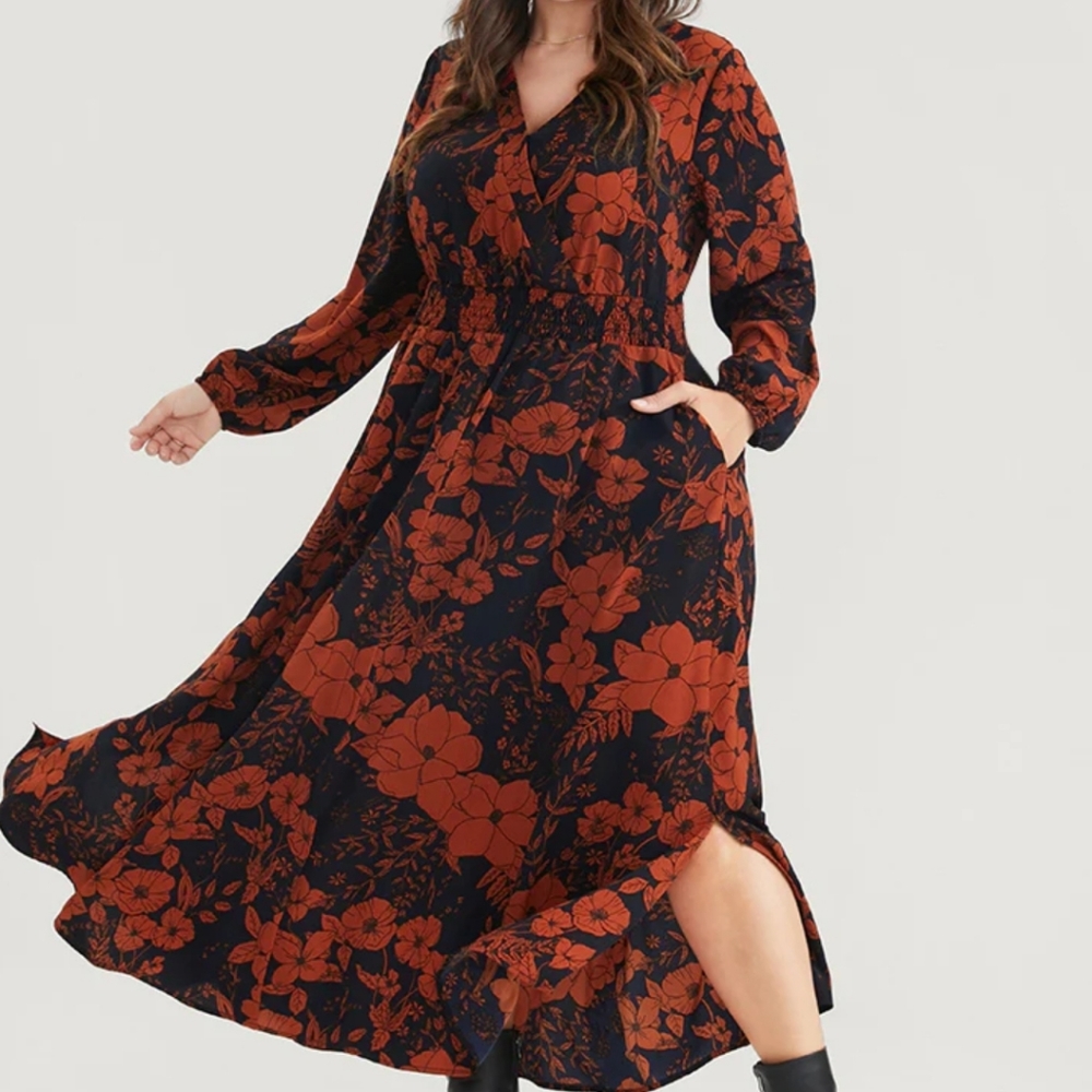 Floral Print Pocket Wrap Lantern Sleeve Split Hem Dress Size 30